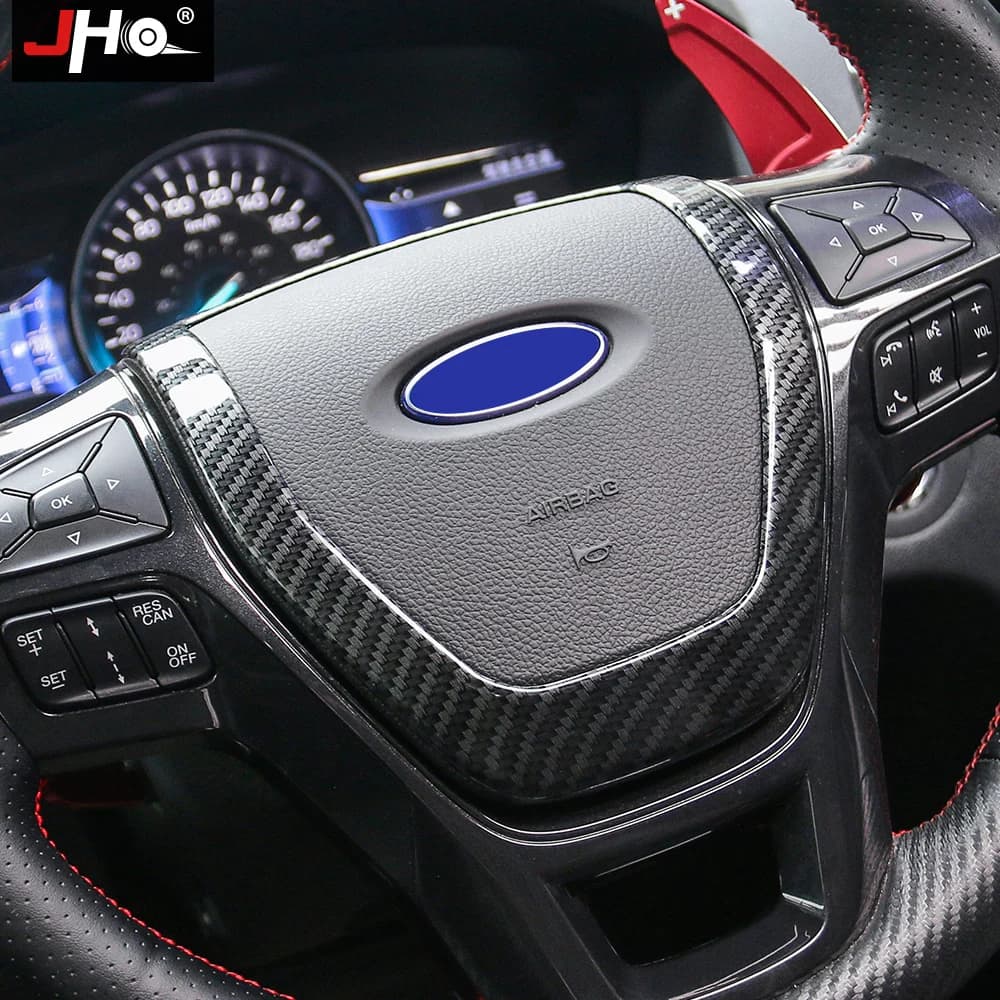 JHO ABS Carbon Grain Steering Wheel Horn Overlay Cover Trim Car Accessories For Ford Explorer 11-2019 2018 2017 2016 2015 2013