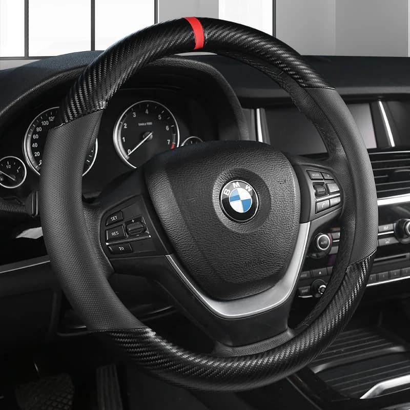 Carbon Fiber +Leather Car Steering Wheel Cover 38CM Non-slip Wear-resistant Sweat Absorbing Fashion Sports Steering Wheel Cover