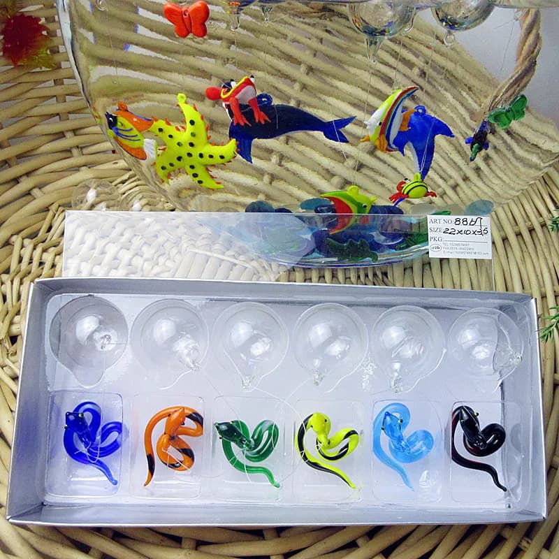 6pcs Murano Style Multicolor Floating Glass Fish Figurines Aquarium Decorations Charms Pendant Cute Snake Tiny Statue Ornaments