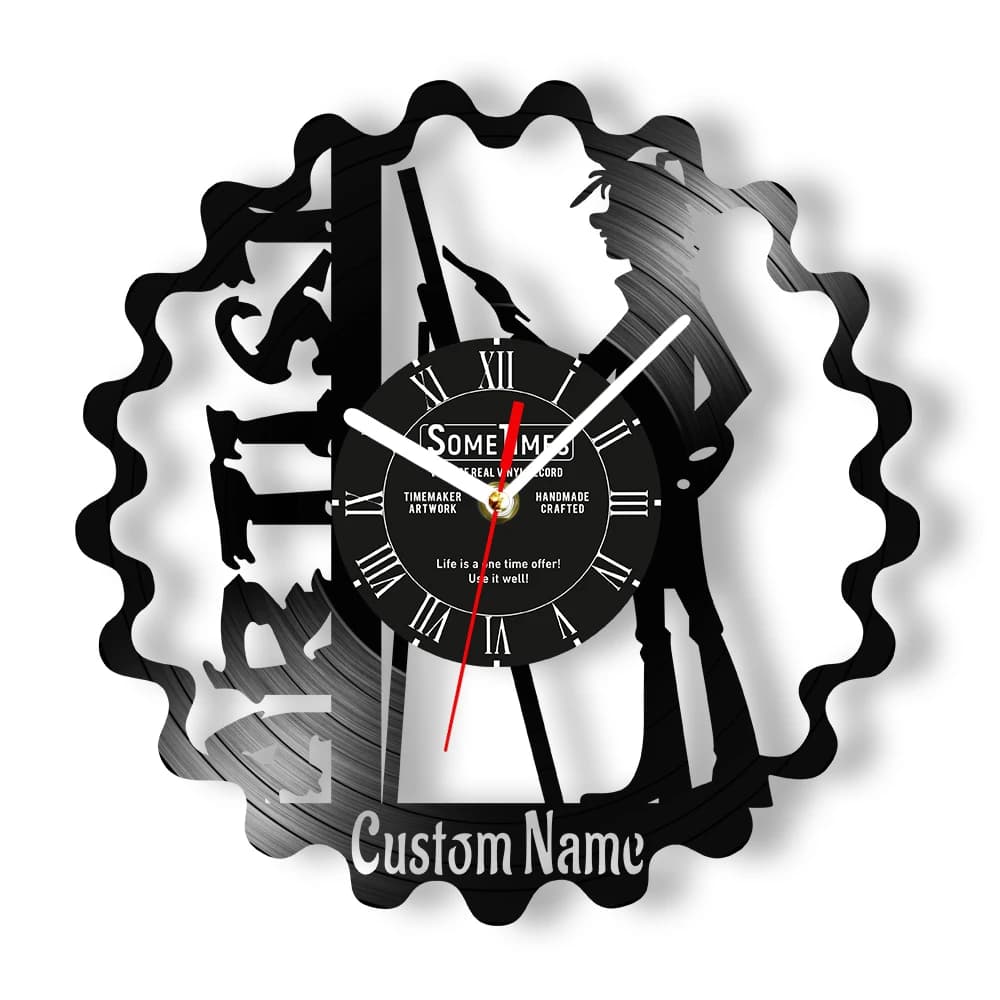 Custom Vinyl Record Wall Clock For Paint Room Art Studio Laser Cut LP Music Album Artist Wall Clock Personalized Painter Gift