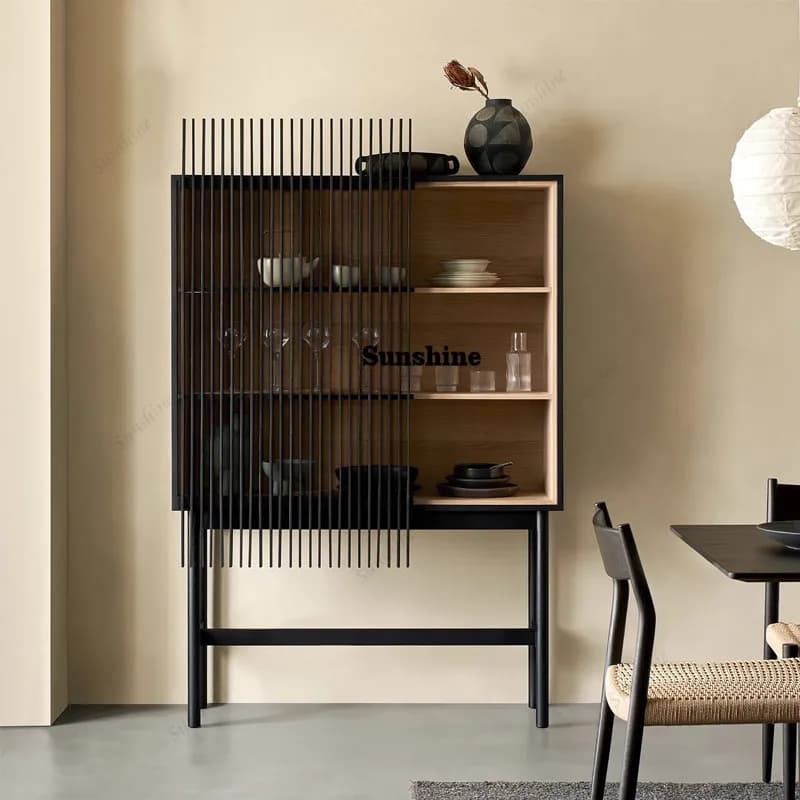 American style, modern minimalist children's floor-to-ceiling bookshelf, living room black sliding door, retro wine cabinet