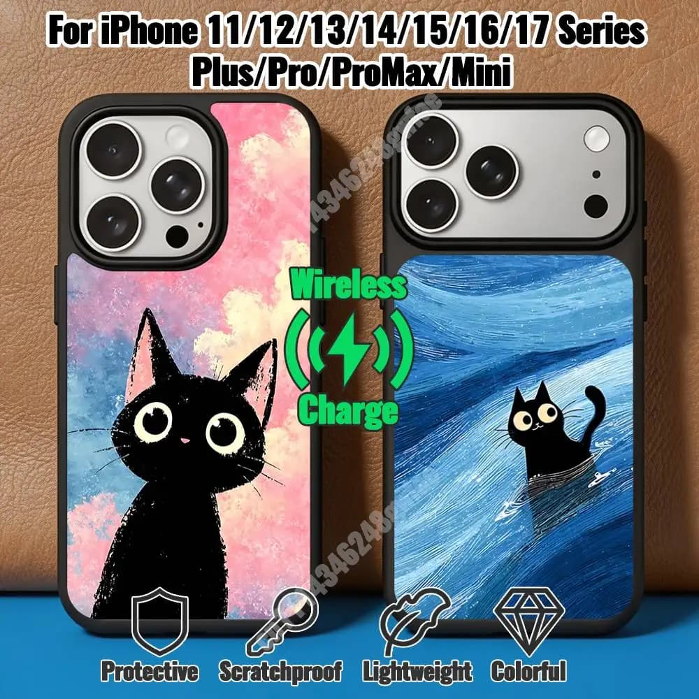 Kawaii Black Kitten Cartoon Cat Magnetic Charge Case for iPhone 17 16 Pro Plus 15 14 Max Mini 13 12 11 Secure Protector
