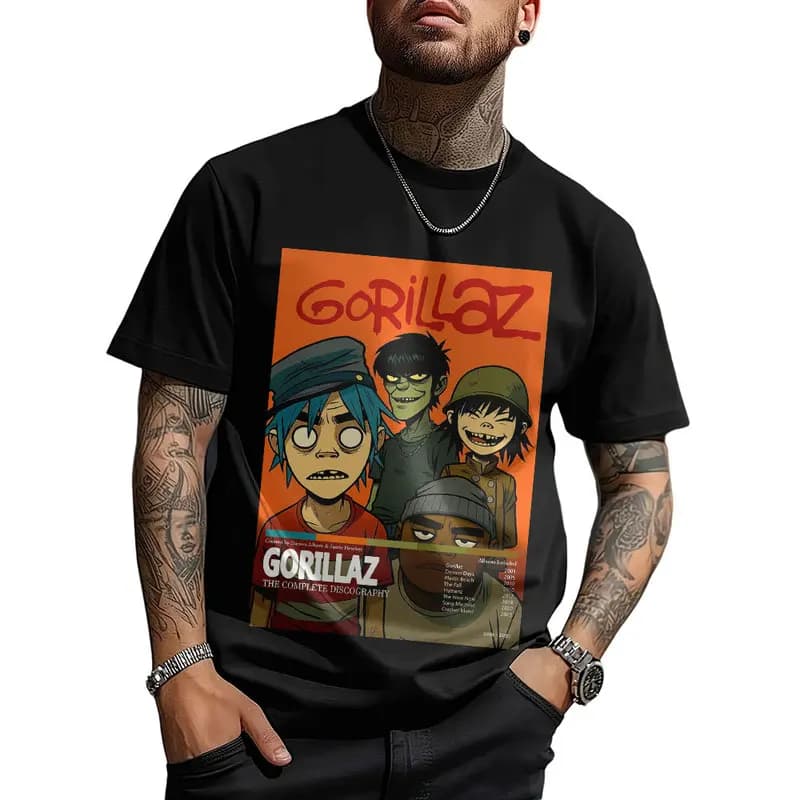 Gorillaz Virtual Rock Band Graphic T‑shirt Unisex Vintage Y2K Tee Hip Hop Streetwear 0824 Casual Cotton Tops S-6XL Fan Gift