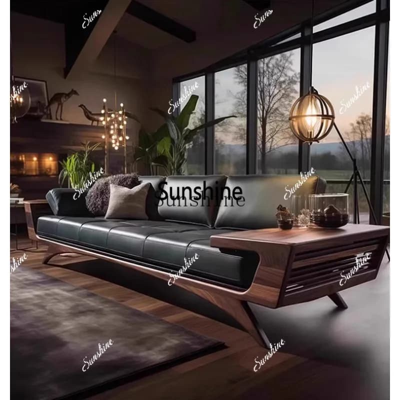 New Chinese walnut living room sofa high-end solid wood leather straight row leather artX