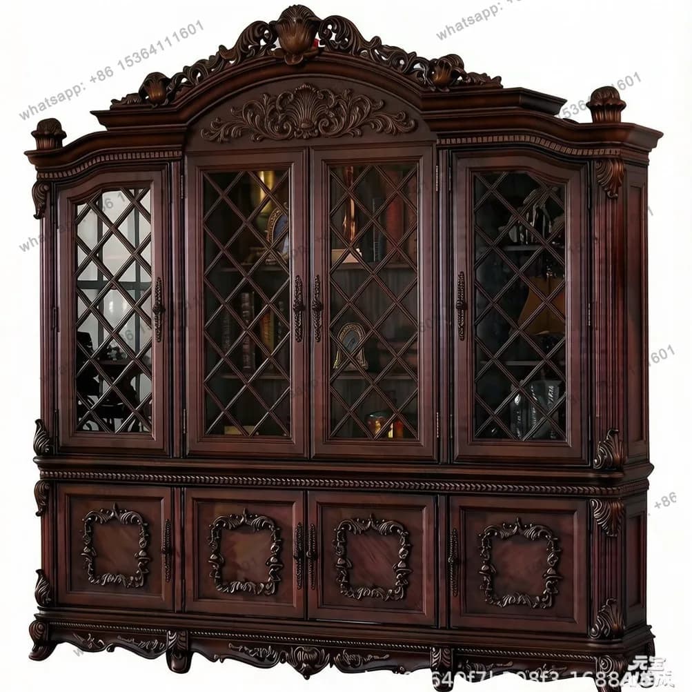 All solid wood villa American bookcase solid wood storage display four-door bookshelf combination carved wine cabinet retro