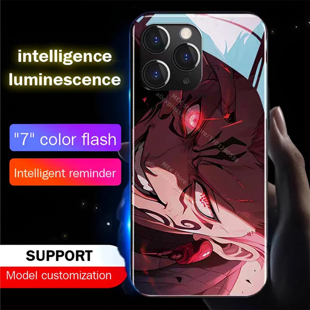 Japanese Anime Cartoon Design LED Light Up Glass Phone Case Back Cover For iPhone Air 17 16 E 15 14 13 12 11 Pro Max X XR Plus