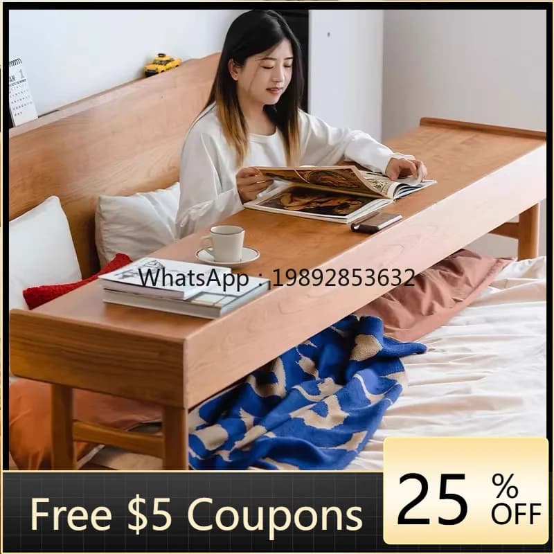 LYY Bedroom Movable Bedside Table Solid Wood Bed Desk Bedside Bed End Long Table Home Use Cross Bed Lazy Computer Desk