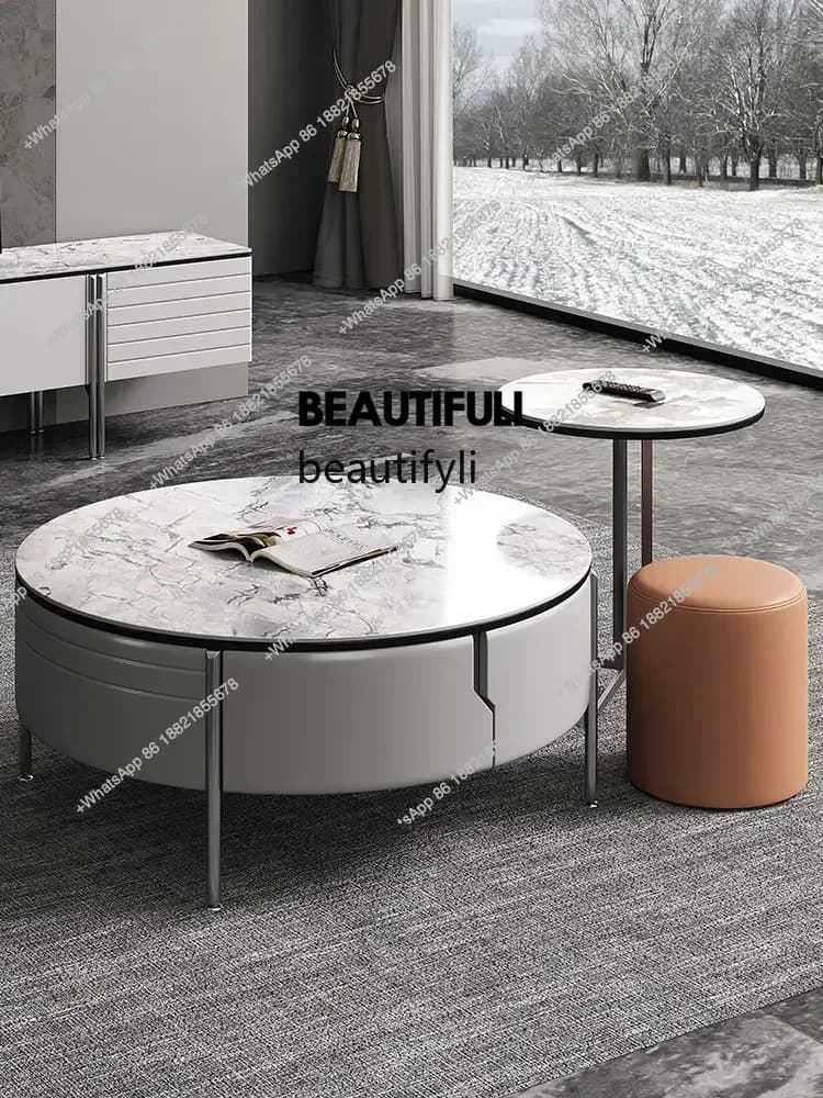 ss 8617 Stone Plate round Tea Table TV Cabinet Unit Italian Light Luxury Minimalist White Small Apartment Living Room Tea Table