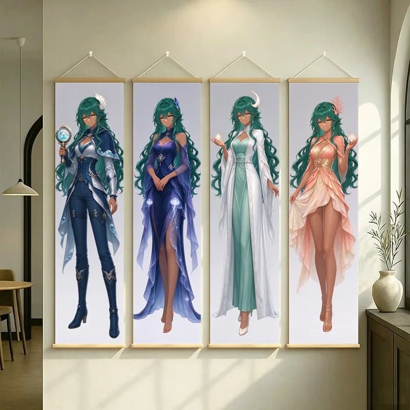 Green Haired Anime Woman Wall Scroll with Flowing Dresses and a Fitted Blue Outfit in Fantasy Illustration for a Bedroom