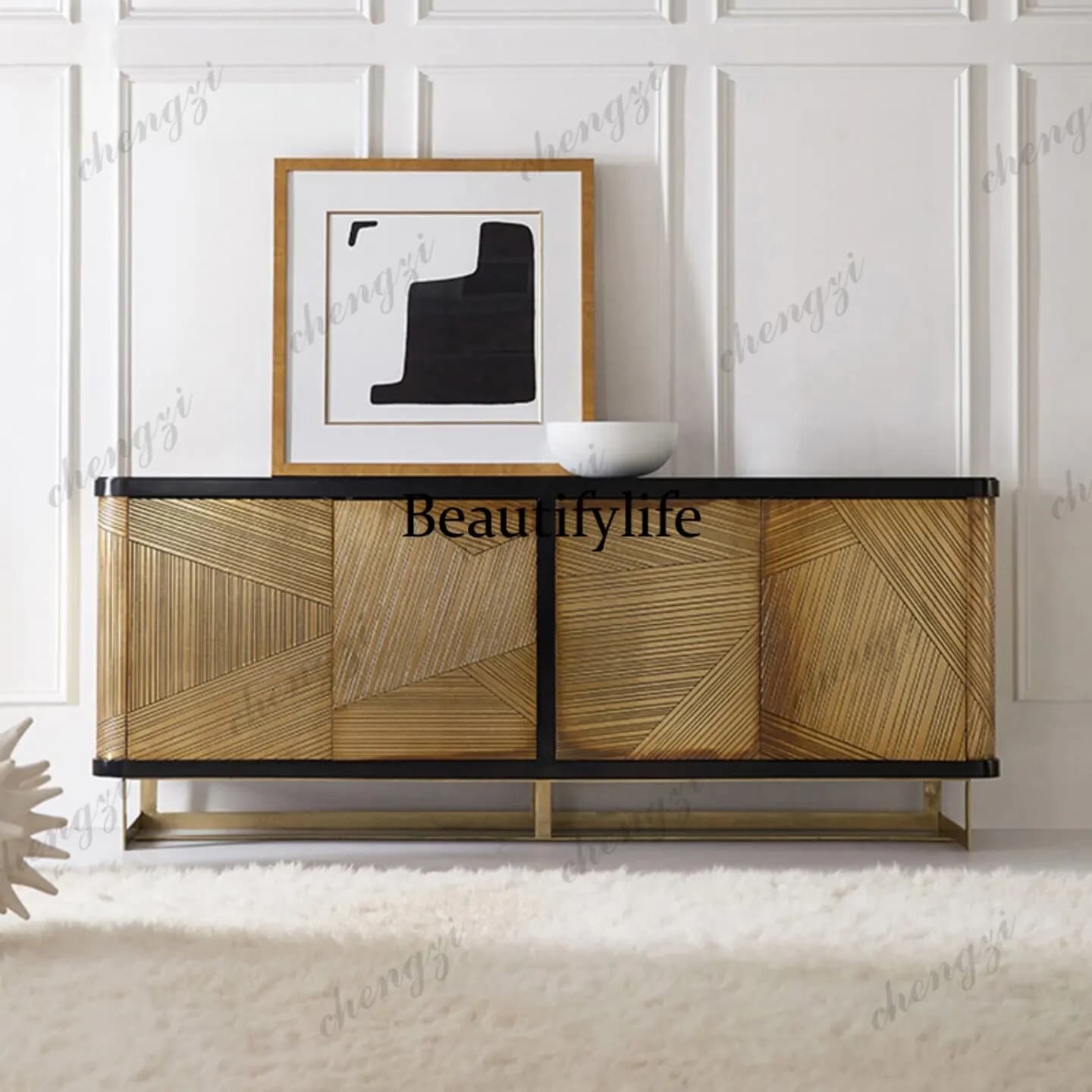 Italian light luxury solid wood carved dining side cabinet high sense villa living room locker golden art