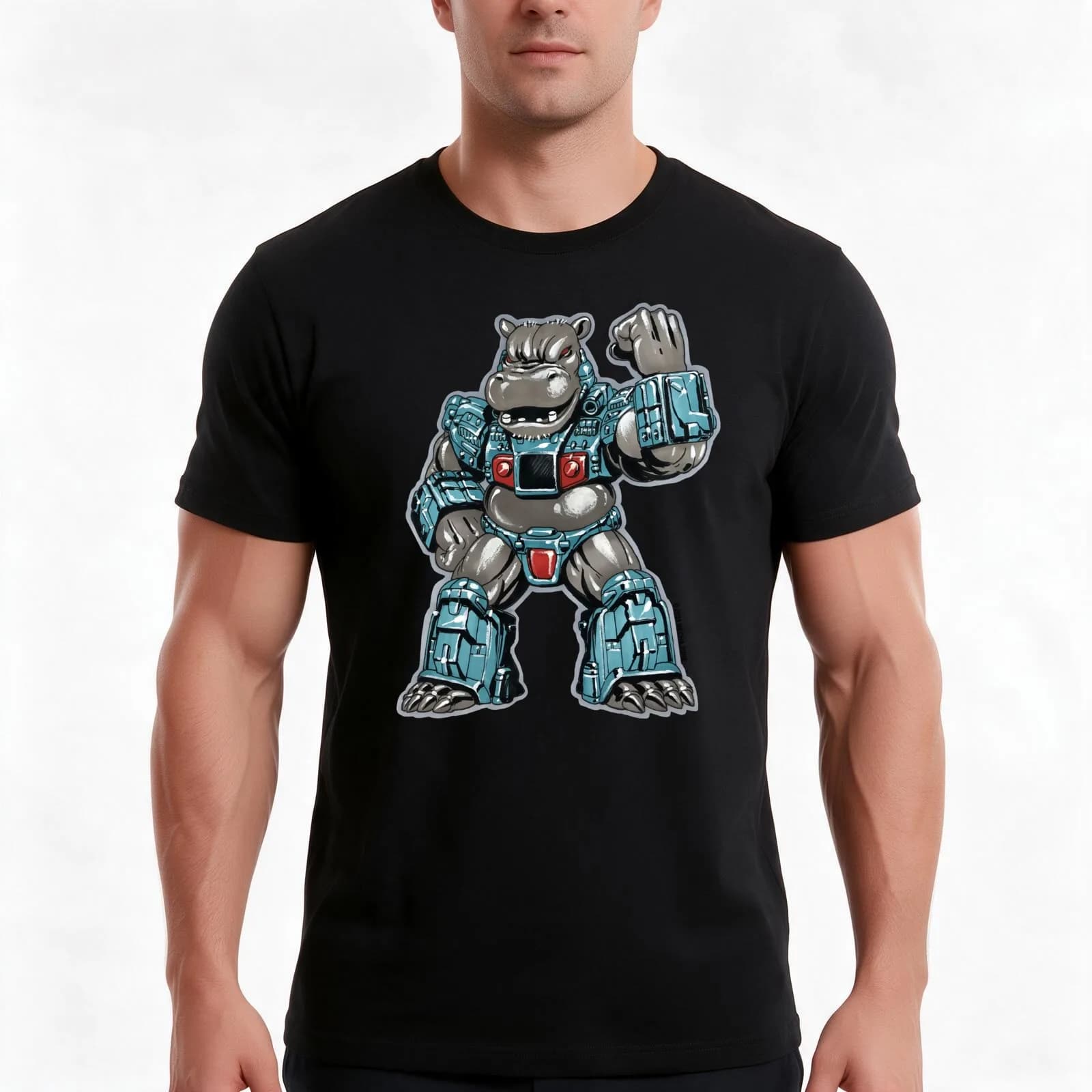Warrior Hippo T-Shirt, Summer Casual Cotton Tee, Oversized Streetwear Tops, Vintage Graphic Print, Loose Fit Short Sleeve