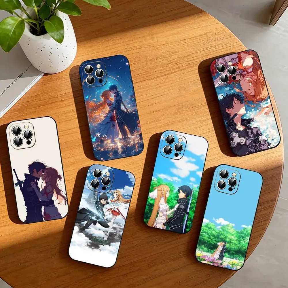 Kirito & Asuna Anime Phone Case For iPhone 17,16,15,14,13,12,11 Plus,Pro Max,XS,Soft Silicone Black Cover