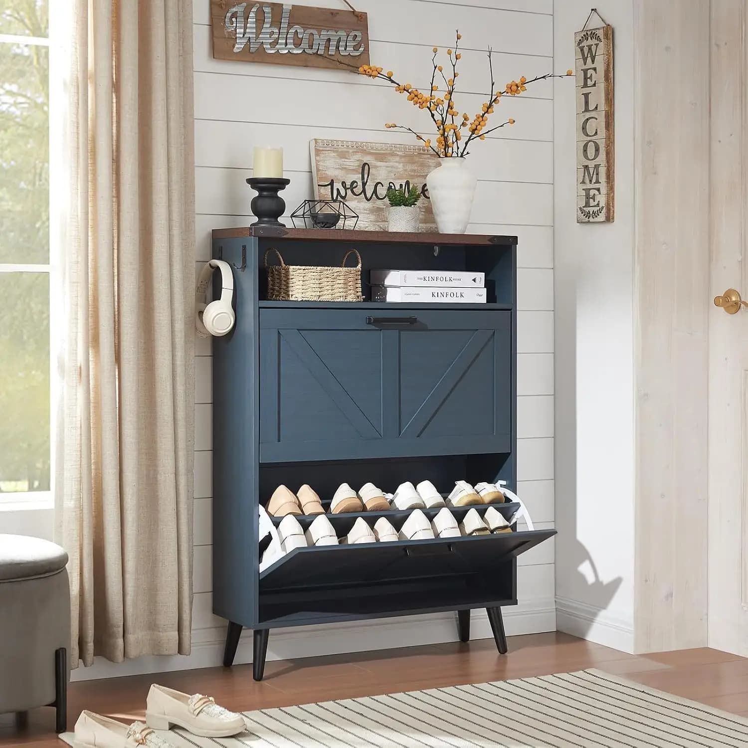 Farmhouse Shoe Storage Cabinet with 2 Flip Drawers & Open Storage | Hidden Slim Narrow Shoes Rack Cabinet,Customized