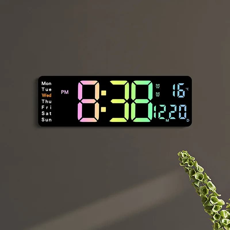 Modern LED Digital Wall Clock with Temp/Humidity Display, Alarm, Countdown & Remote Control Multi-Colored Display Clocks
