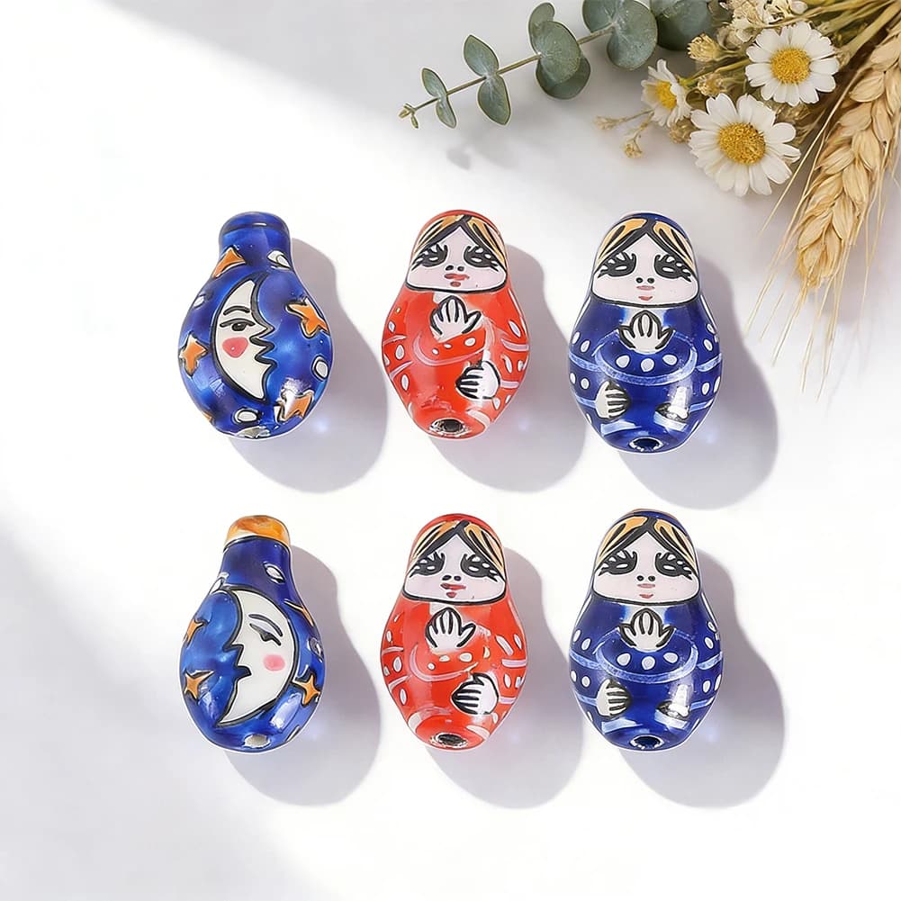 Hand Painted Ceramic Bead Ethnic Style Russian Matryoshka Moon Vase Open Hole Beads Handmade DIY Bracelet Necklace Accessories