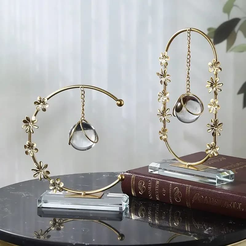 Golden Moon Crystal Ball Decor Metal Floral Crescent Ornament Clear Crystal Ball for Living Room Bedroom Office Home Decor Gift