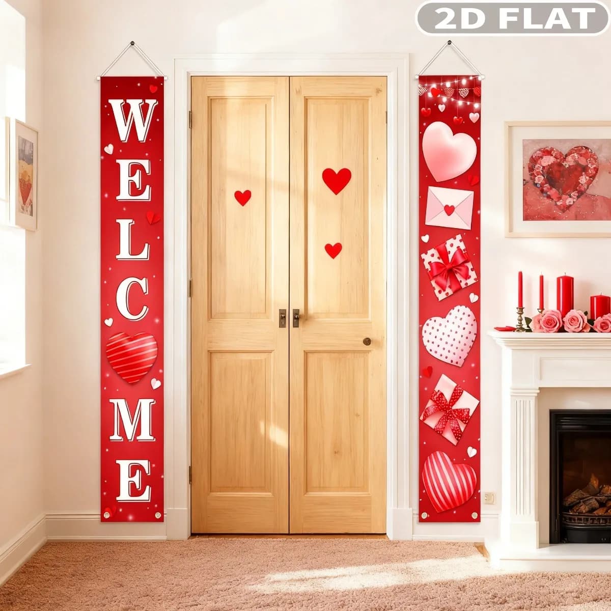 1 pair Valentine's Day Door Banner Hanging Decor with Suspension Rods and Ropes, 1x6 FT Welcome Porch Banners Valentines Day