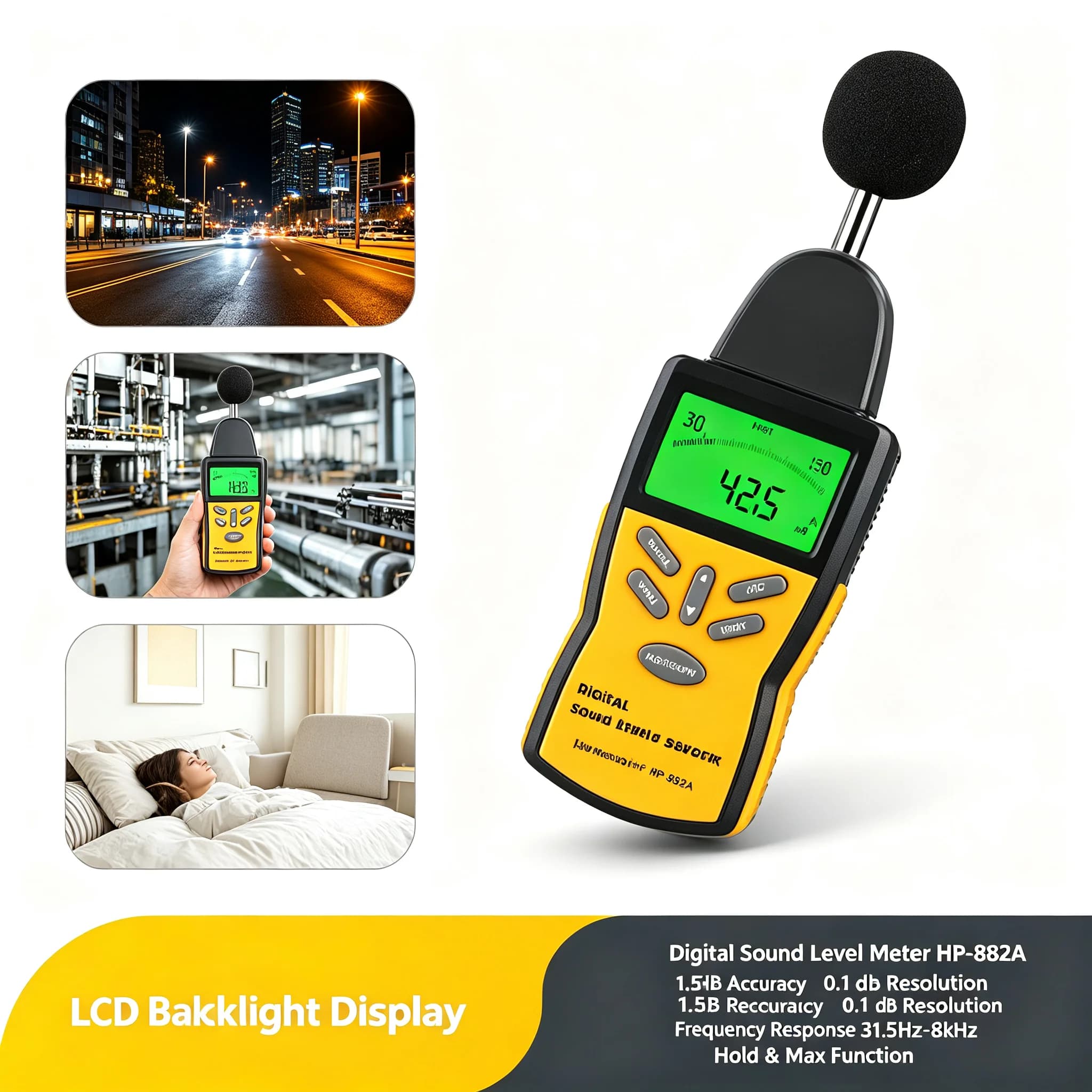 Digital Sound Level Meter Decibel Audio Noise Tester 30-130dB A/C Weighting AC DC Output for Factory Environmental Monitor