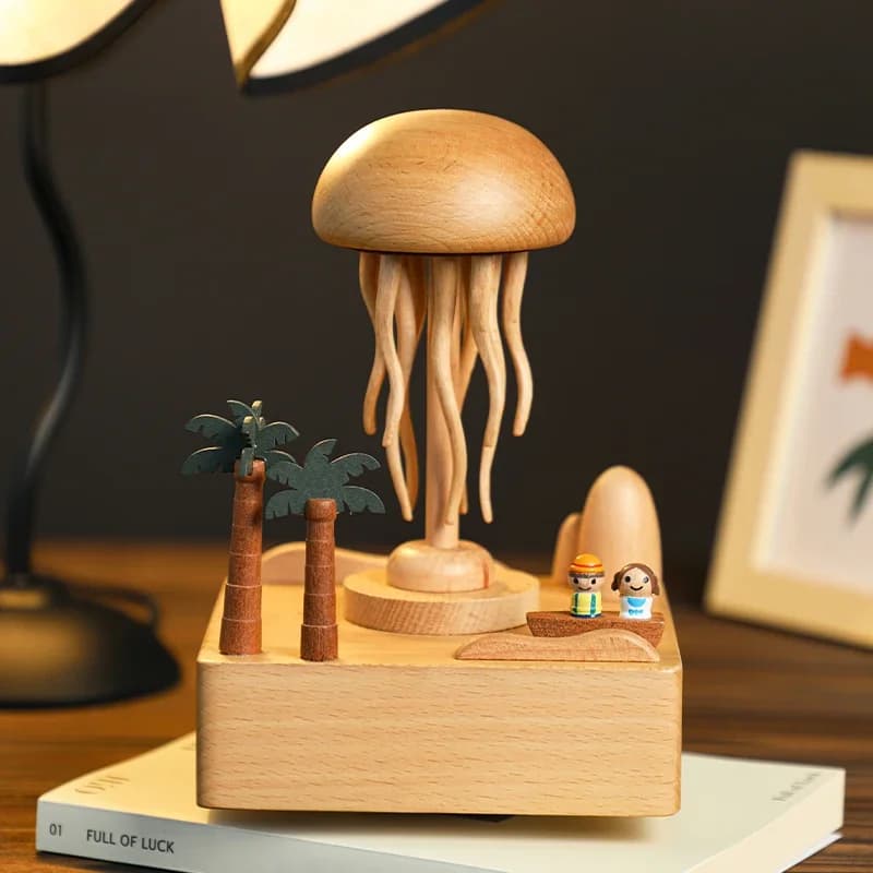 Sea Jellyfish Couple Music Box Wooden Eight Sound Box Bedside Table Decoration As Birthday Gift for Girlfriend and Wife