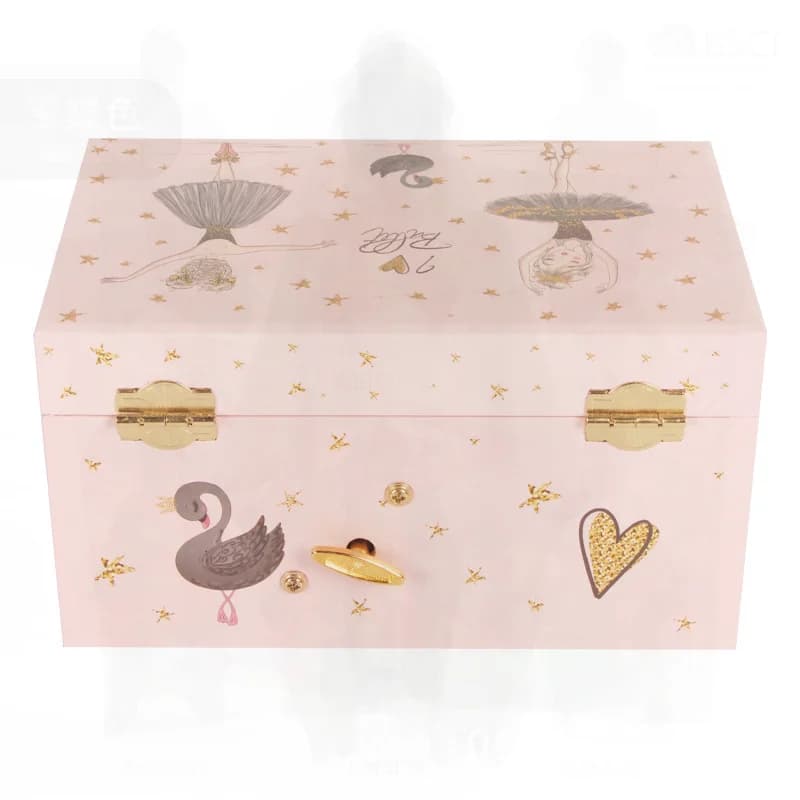 7 Inch Black Swan Spot Music Box for Children with Drawer Jewelry Storage And Cosmetic Mirror Pink Minimalist Modern Handmade