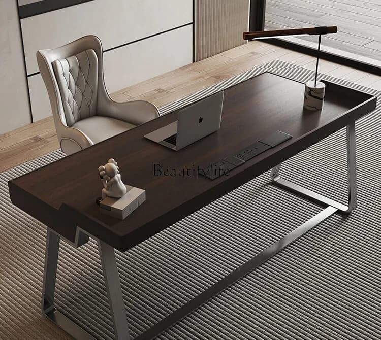 FG-*Solid wood desk Italian minimalist high-end study designer smoked wood computer office desk and chair