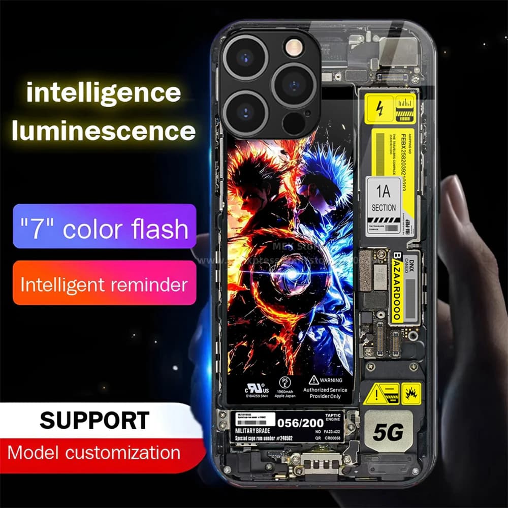 Popular Punk Anime Luminous Glass LED Call Light Up Flash Phone Case Cover For iPhone Air 17 16 E 15 14 13 12 11 Pro Max Plus