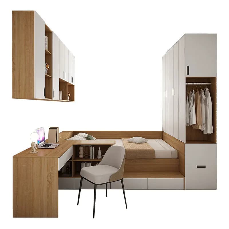 Small apartment space saving high box small bedroom with desk corner hanging cabinet combination storage bed