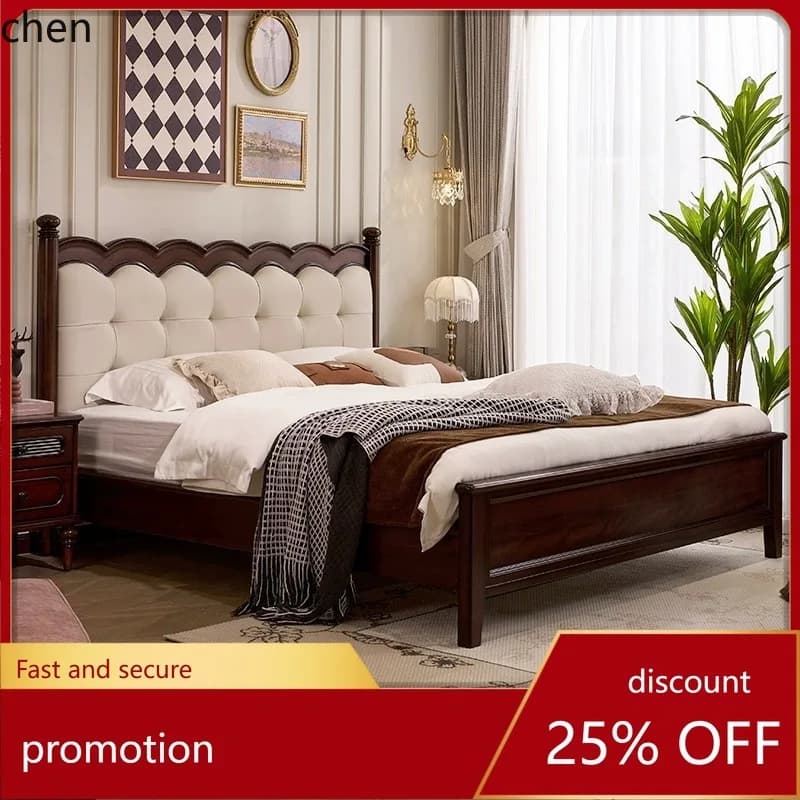 HT Vintage Style Solid Wood Master Bedroom Retro Style Large Bed Cream Style Genuine Leather Upholstered Wedding Bed Double Bed