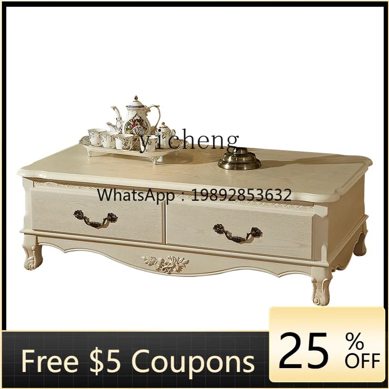 EE Solid Wood Coffee Table Living Room with Pumping Simple Antique Four Buckets White Pastoral Tea Table