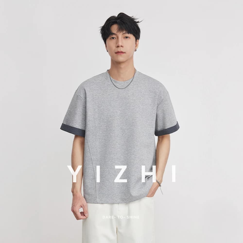 Men Heavyweight 260g Contrast Cuff Casual Short Sleeve T-Shirt Summer Crew Neck Slightly Loose Mamba Cotton Commute Fashion Top