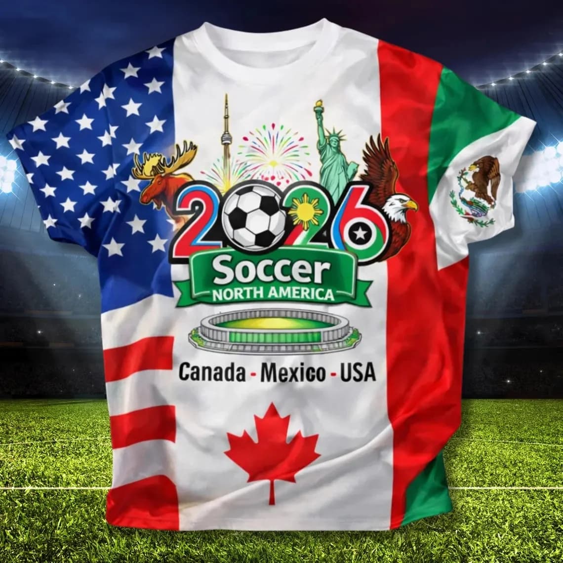 2026 North America Soccer Fan T-Shirt, Canada Mexico USA Flag Tee, Unisex Fan Gift Men Women Fans