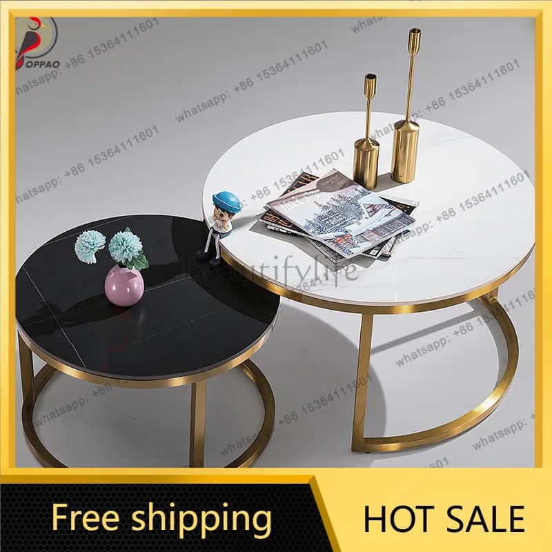 LS small apartment sand rock slab edge few living room household small round table light luxury simple stainless steel