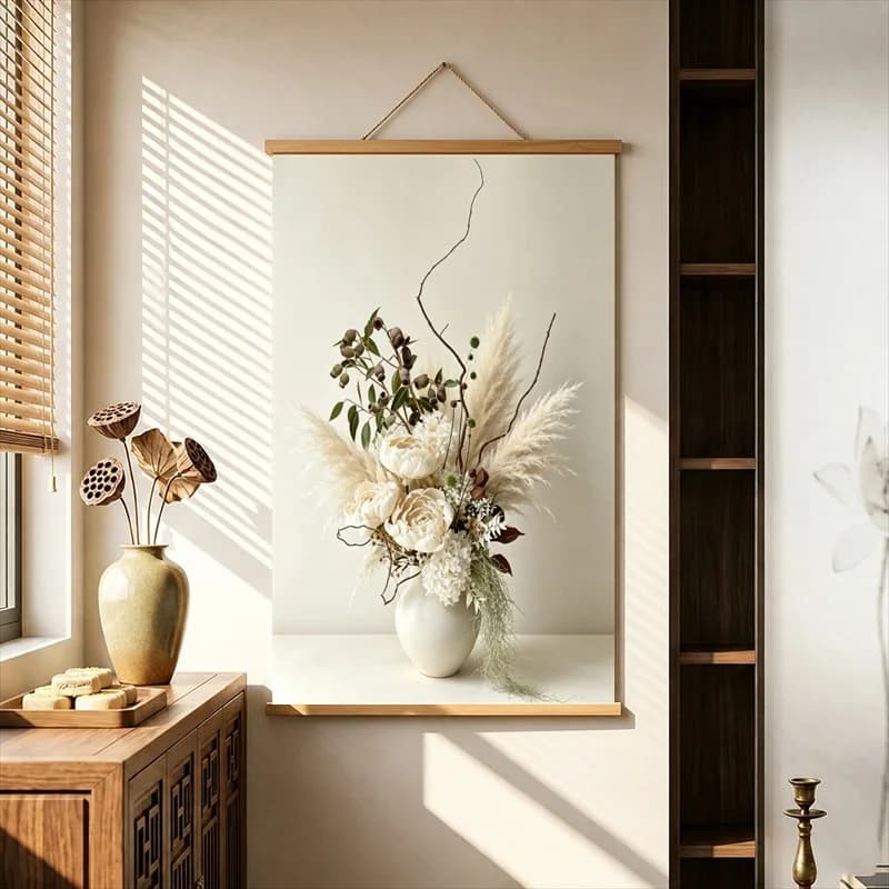 Home Decor Items Ceramic Vases with White Wild Branches, Wabi Sabi Decor Pearlescent Canvas Wall Hanging Scroll for Tea Room
