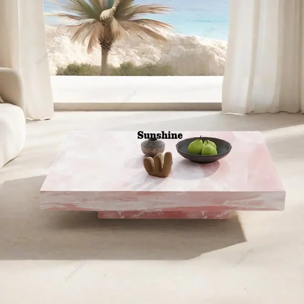 Square Jade Marble Coffee Table, Artistic Designer Luxury Stone, Heat & Scratch Resistant, Natural Veining, Customizable FT