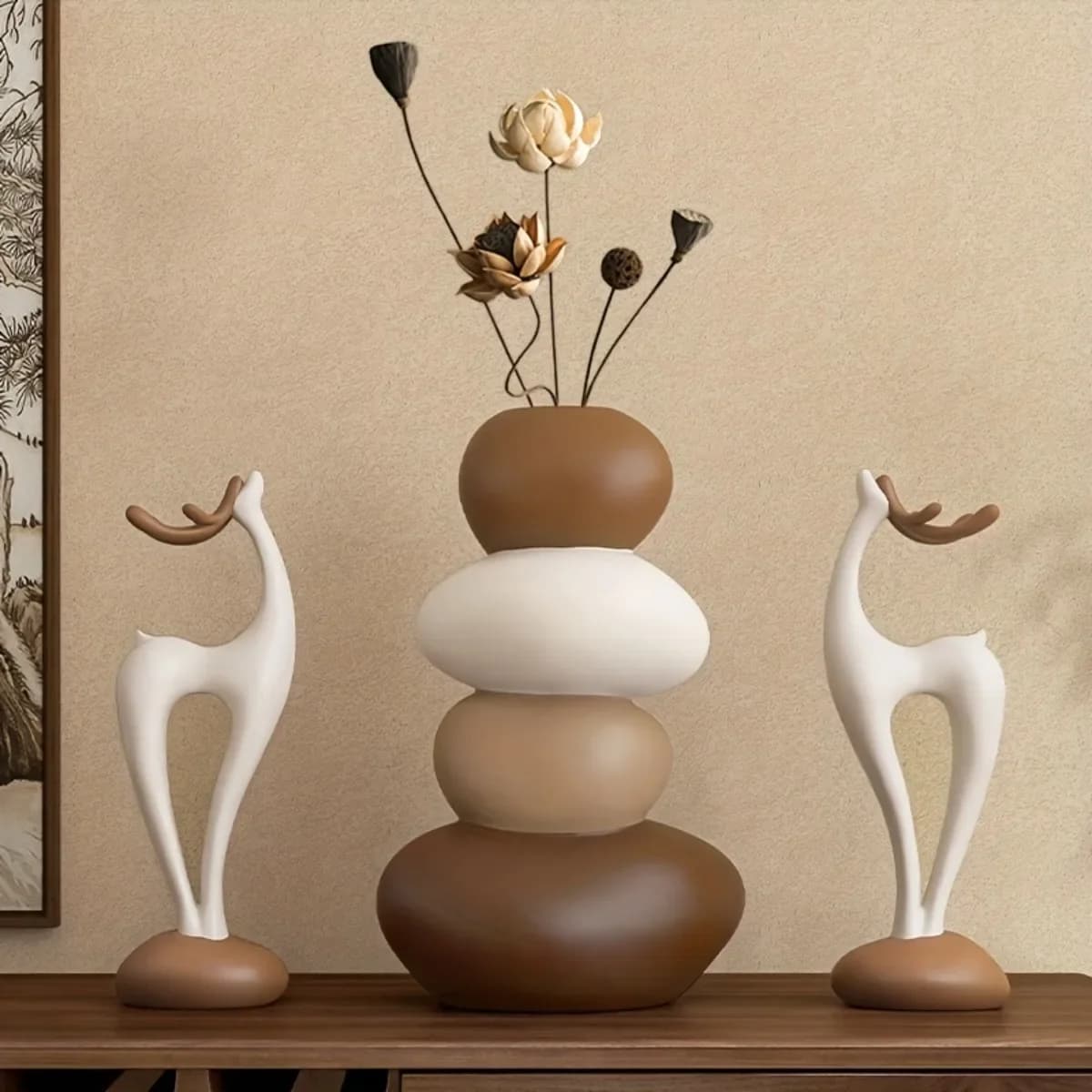 Deer Figurine with Vase Home Decor Good Luck Charm for Living Room Dining Table Gift Birthday Couple Gift Decorative Ornaments