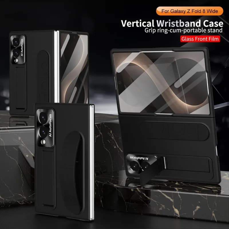 For Samsung Z Fold 8 Wide Front Tempered Glass Film Grip Wrist Strap Convenient Kickstand Lens Protection Shockproof Cover