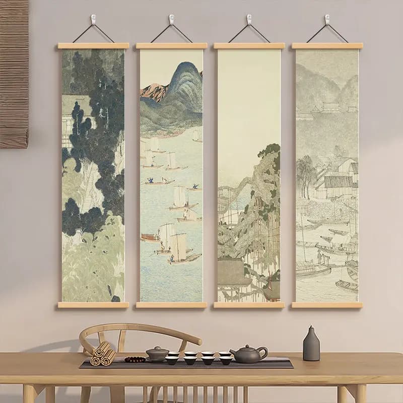 Japanese Zen Wall Art Scroll Slim Vertical Wabi Sabi Landscape Painting for Living Room Tea Room Hallway Aesthetic Room Decor
