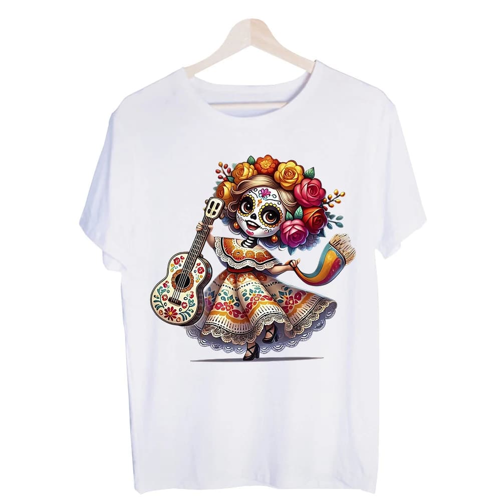 Women's Sugar Skull with Guitar Graphic Tee, Short Sleeve Crew Neck T-Shirt for Day of the Dead Celebrations and Casual Wear