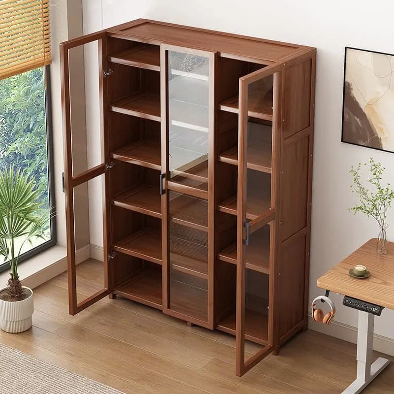 Modern Bookcase with Doors Bamboo Bookshelf Storage Cabinet with Flip Doors 4/5/6 Tier Bookcase for Living Room Bedroom Office