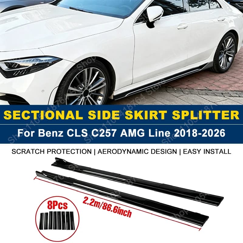 2.2M/86.6" Side Skirts Extension Rocker Panel Splitter For Mercedes Benz CLS C257 AMG Line 2018-2026 2019 2020 2021 ABS Plastic