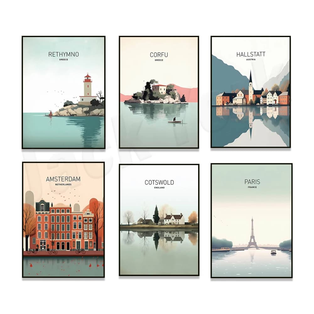 Cornwall, Cape Town, Cotswolds, Corfu Greece, Hallstatt, Paris, Amsterdam, Lake Tahoe, Ibiza Spain, Rethymno travel posters