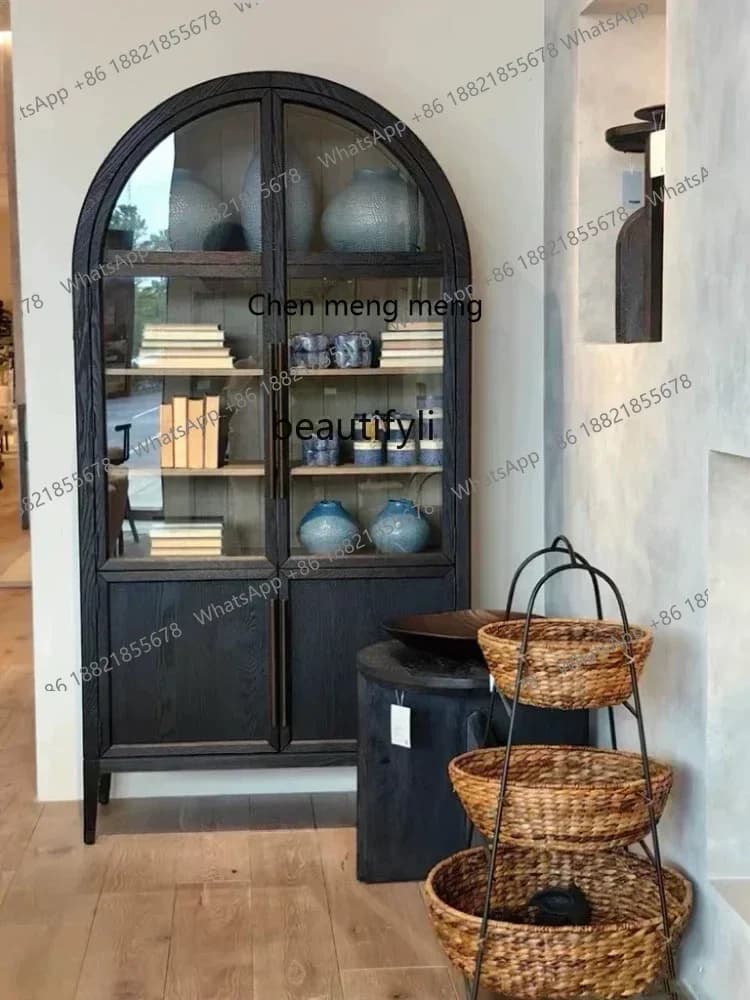M182 qyAmerican Light Luxury Solid Wood Bookcase Full Solid Wood Retro Wine Cabinet with Glass Cabinet Door Arch Decoration