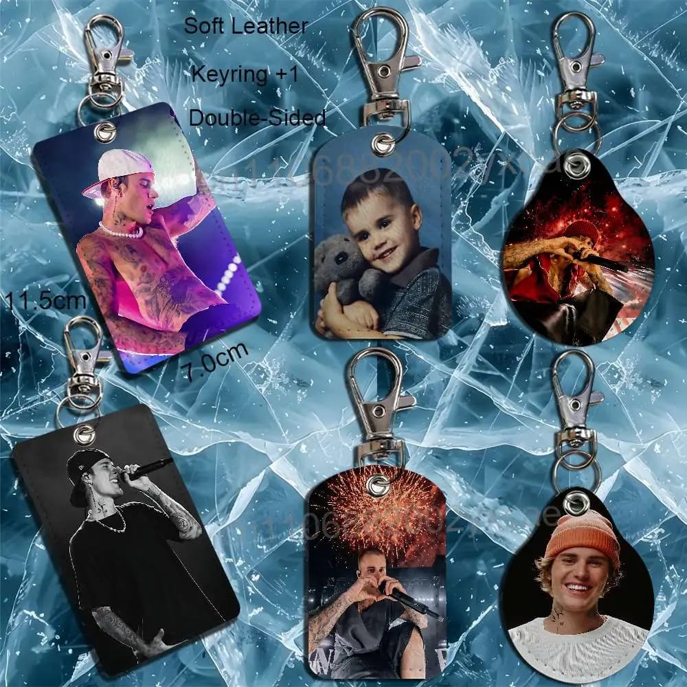 Canadian singer JB Justin Bieber Leather Keychain Badge Holder with Lanyard - ID/Access Card Holder, Key Ring Accessory