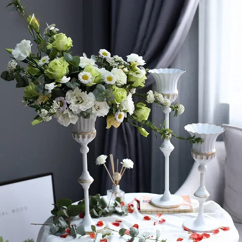 Vintage Vase Tabletop European Style Ornament Flower Arrangement Iron High Legged White Gold Wedding Floral Decorative Vessel