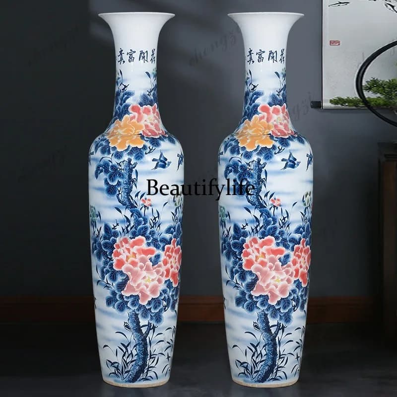 Jingdezhen ceramics, hand-painted floor-to-ceiling large vase flower arrangement Chinese living room decorative ornament large