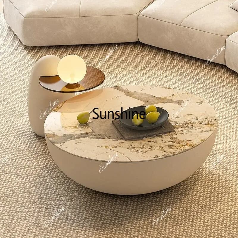Modern small apartment household French cream rock board light luxury round coffee table