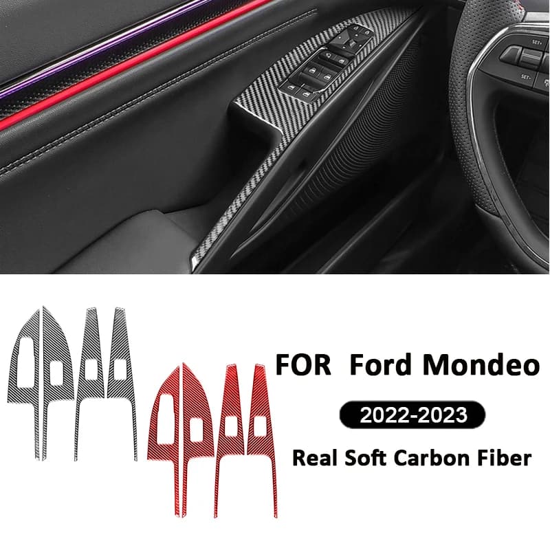 4PCS For Ford Mondeo 2022-2023 Carbon Fiber Auto Power Window Lifter Switch Panel Frame Decoration Stickers Interior Parts