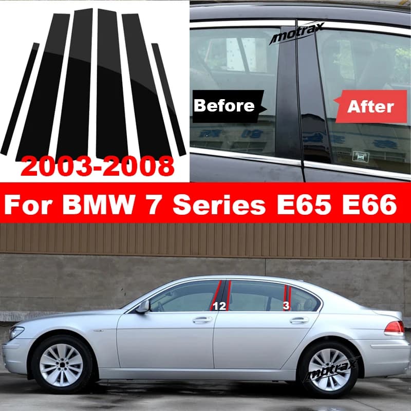 Glossy Black B‑C Pillar Post Trim Sticker Fit for BMW 7 Series E65 E66 2003-2008 Exterior Window Column Decoration Accessories