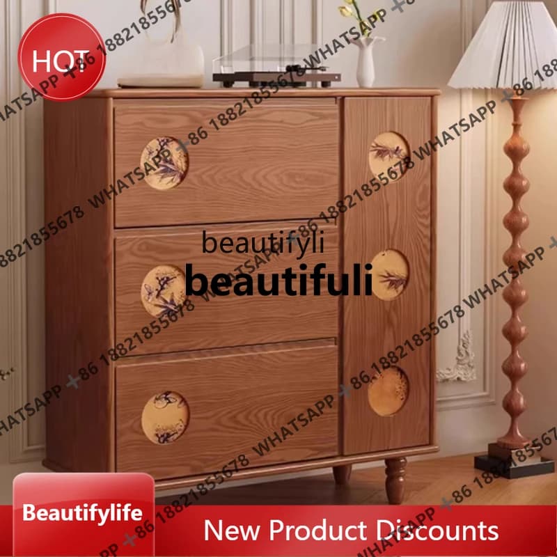 Vintage Style Solid Wood Shoe Cabinet Integrated French Retro Style Flip Storage Entryway Cabinet