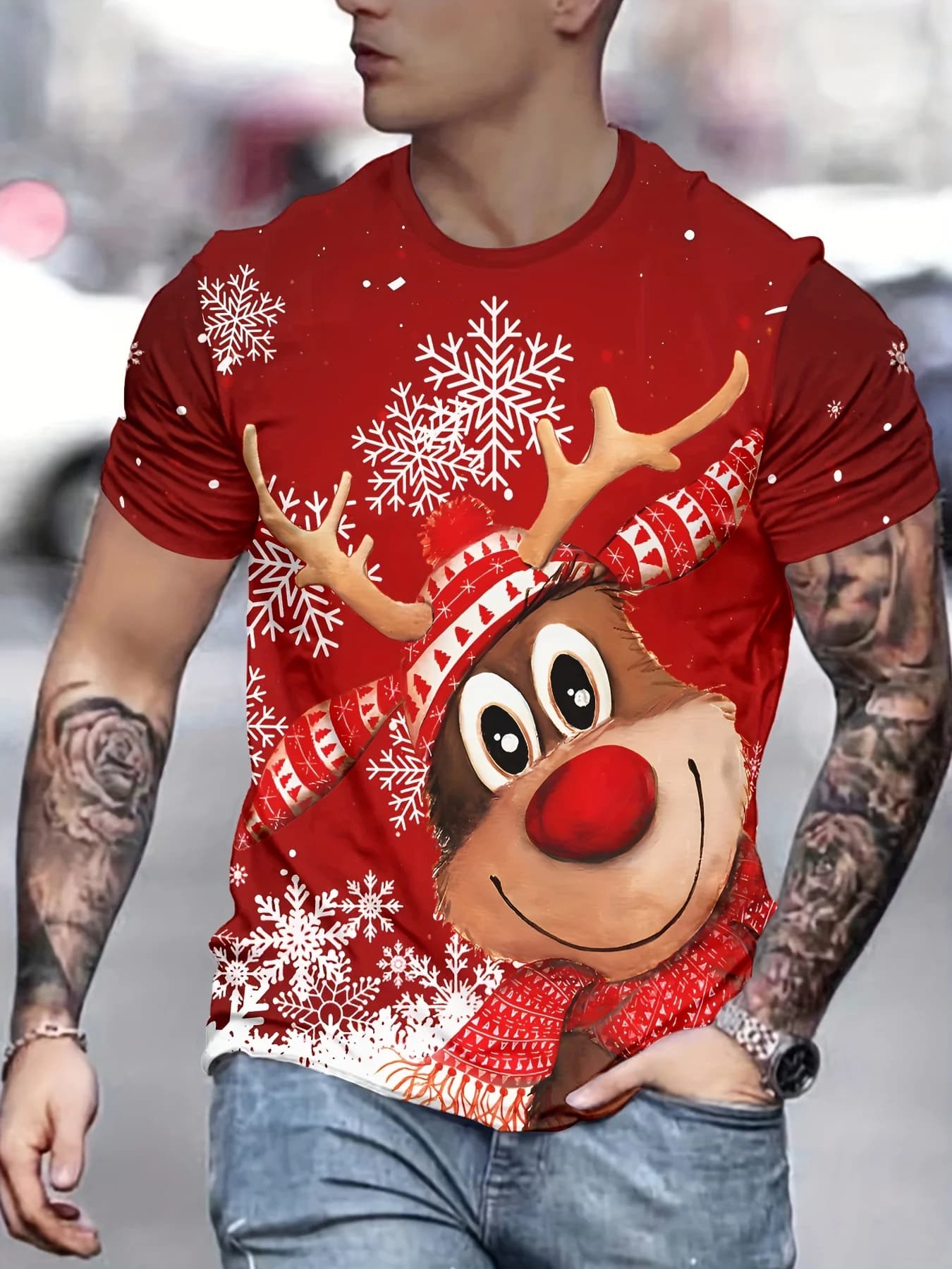 Cartoon Christmas Elk Printed Men's T Shirt Casual O-neck Short Sleeve Tops New Year Party X'mas Clothing Fashion Loose Men Tees